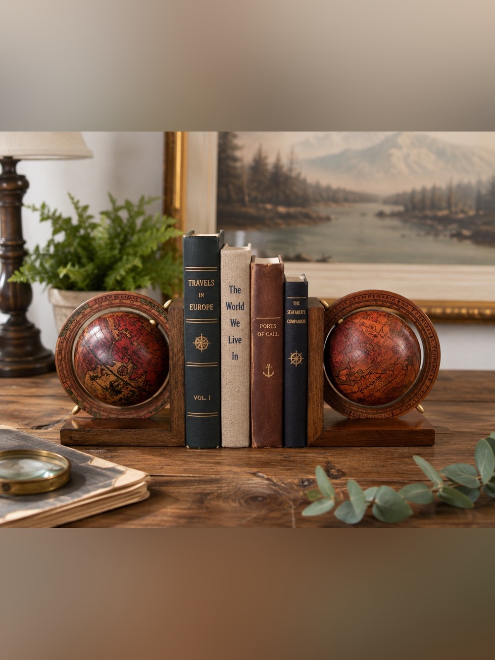 Vintage Italian Globe Bookends Set of 2 Wood Old World Desk Decor